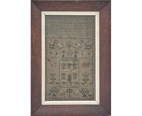 A Welsh language linen sampler, Mary Williams', early 19th c, worked with house, animals, birds and flowers beneath verse tab