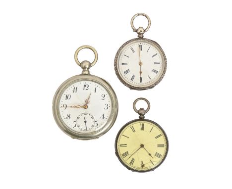 Three various Swiss silver cylinder watches, late 19th c, various sizes  Dial of one cracked, generally little case wear save