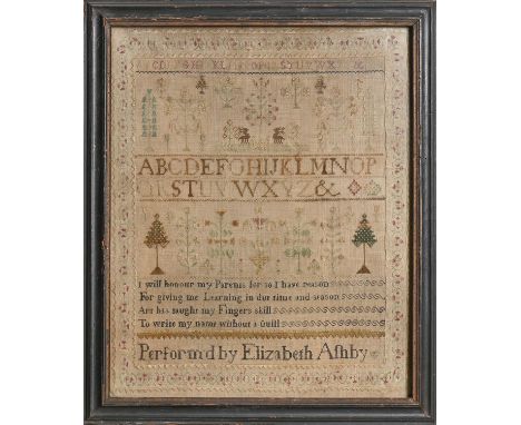 A George III linen sampler, Perform'd by Elizabeth Ashby, late 18th c, worked with deer behind a fence and trees between lett