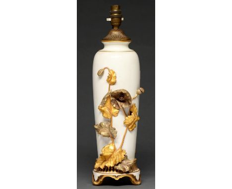 A Royal Worcester Lotus and Poppy vase, c1880, decorated in high relief with naturalistic gilt flowers, on three feet mounted