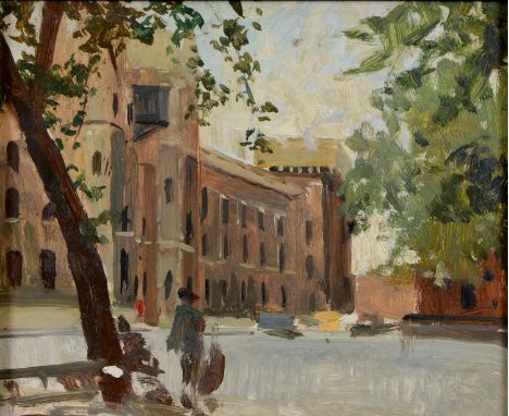 William Eric Thorp (1901-1993) - Street Scene; Moored Boats, two, oil on hardboard, 20.5 x 26.5cm and 22 x 27cm  Both would b