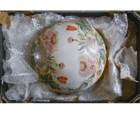An opaque glass ceiling light, c. 1930,&nbsp;painted with swags of fruit and flowers, 37cm d, another two, similar, (3)  Some