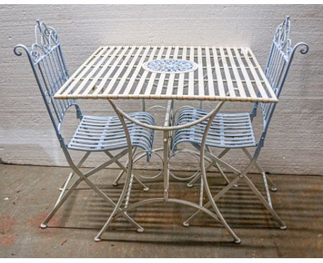 A pair of light blue painted metal folding chairs and a similar garden table, late 20th c, table 76cm h; 80 x 80cm  Good cond