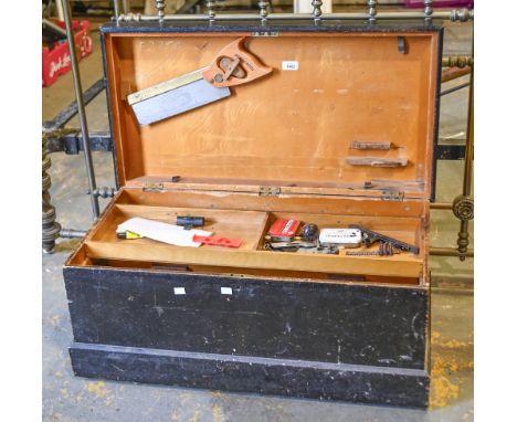 Tools. A tool chest of hand tools,&nbsp;including a Spear &amp; Jackson "Spearior" saw, wood-working chisels, including Sorby