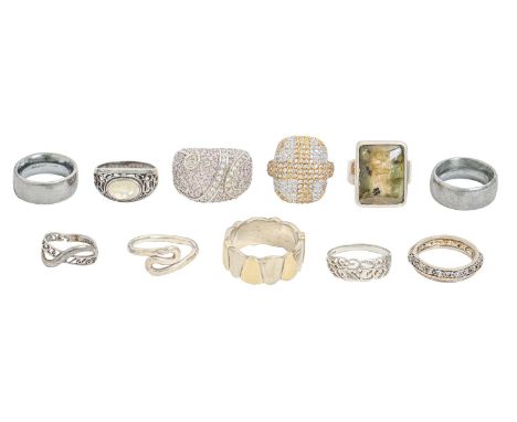 Eleven silver rings, several gem set, 84g, various sizes  Generally with scratches from wear