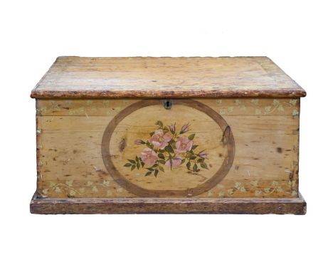 An Edwardian pine trunk, with stencilled ivy leaf decoration, iron handles, the interior with till and drawer, 44cm h; 54 x 9