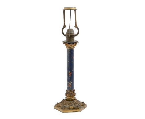 A Victorian gilt lacquered brass and blue japanned candlestick, Palmer &amp; Co Patent, on ornate stamped hexagonal foot, 48c