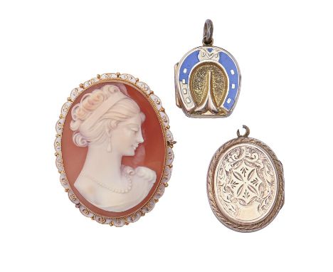 A Victorian gold and enamel horseshoe locket, c1900, 19mm, another locket and a cameo brooch, the gold mount marked 750, gold