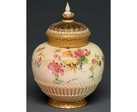 A Royal Worcester rose jar, cover and inner cover, 1900, printed and painted with flowers on a shaded apricot ground, 24cm h,