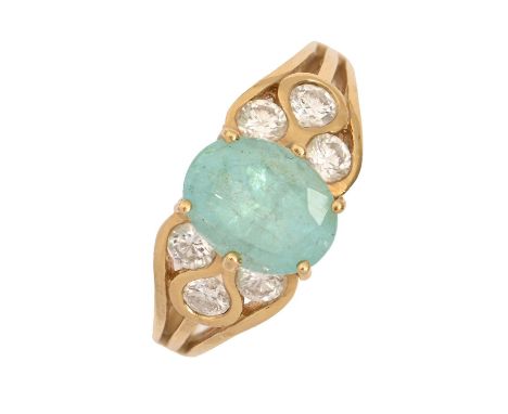 A light blue tourmaline and diamond ring, in 18ct gold, 4.4g, size K½  Good condition