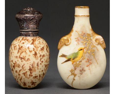 A Victorian silver capped English porcelain sparrow's egg novelty scent bottle, 70mm, sepia printed Rd No 20772 and a contemp