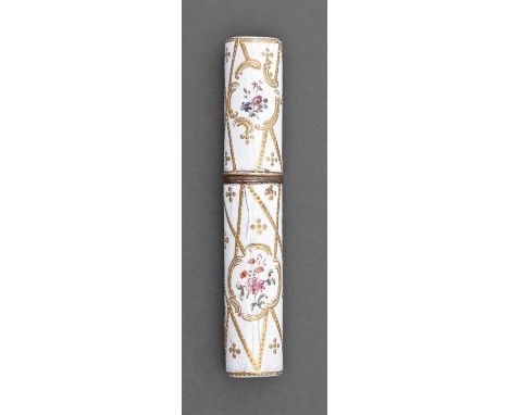 A copper gilt and enamel bodkin case, 19th c, painted with flowers, on a white ground with gilt trellis, 13.3cm  Several fine