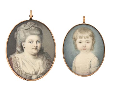 English School, c1770 - Portrait Miniature of a Woman,&nbsp;with blue eyes, her lightly powdered hair fashionably dressed, in