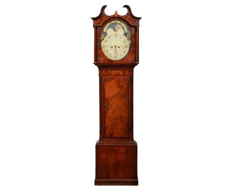 An eight day mahogany longcase clock, Jno. Hudson Nottingham, early 19th c, the painted oval dial with lunar work, brass ring