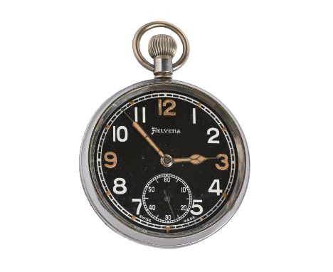 An Helvetia British Army Issue plated keyless lever watch, black dial marked on case back GS/TP P14196 and Broad Arrow, 52mm 