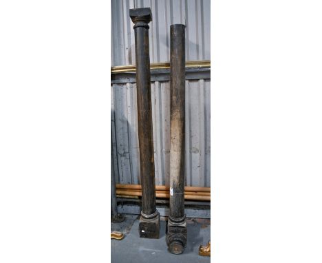 A pair of turned and stained oak architectural pillars, square capitals and bases, 204cm h  Minor knocks and scratched, dusty