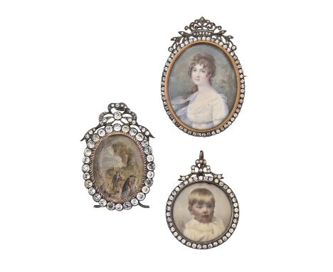 English School, late 19th c - Portrait Miniature of a Young Woman, with curly auburn hair in white dress, ivory, oval, 48mm, 