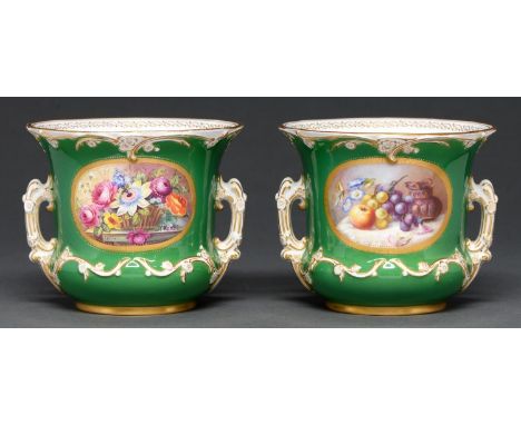 A pair of Royal Worcester flower or fern pots, 1905, painted by E Phillips, signed, a basket of flowers or Hawkins, signed wi
