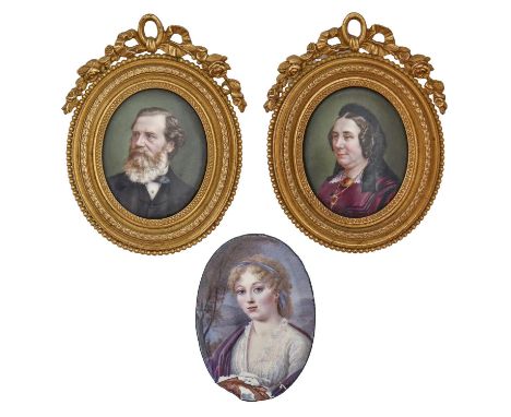 Continental School, late 19th c - Portrait Miniatures of a Lady; a Gentleman, enamel, oval, 46mm, contemporary giltmetal pend