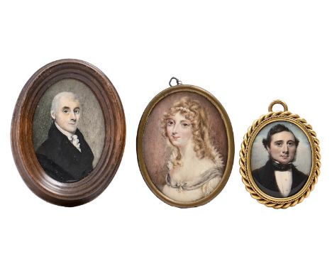 English School, 19th c - Portrait Miniature of a Gentleman,&nbsp; in black stock and coat, sky background, ivory, oval, 49mm,