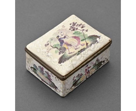 A Northern European enamel bonbonniere, c1770, painted in a naive hand with figures and landscapes in bianco sopra bianco bor