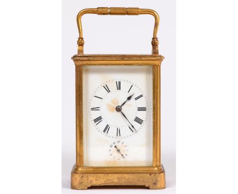 A French brass carriage clock, Henri Jacot Paris, No 11996, late 19th c, with replacement escapement, alarm and bell striking