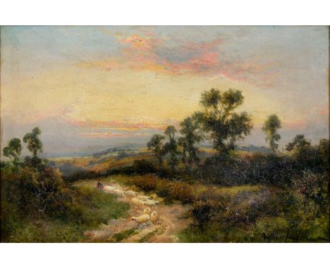 William Langley (1852-1922) - The Sheep Drove at Sunset, signed, oil on canvas, 39 x 59cm  Extensive light craquelure, lined 
