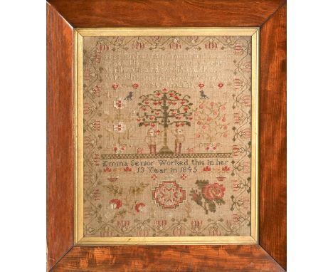 A Victorian linen sampler, Emma Senior Worked this in her 13th year in 1845, with Adam and Eve, rose and other flowers and mo