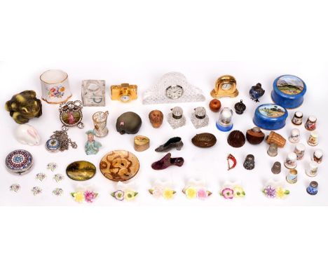 Miscellaneous miniature porcelain and other cabinet ornaments, to include a silver coloured metal crown shaped tape measure, 