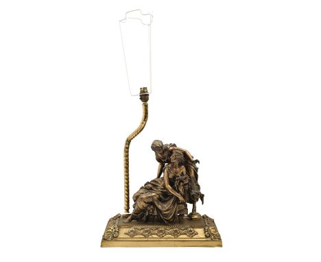 A lacquered brass sculptural lamp, late 19th c, the raised rectangular base set with the figures of two classical maidens, 48
