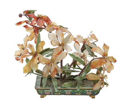 A Chinese carved mineral jewel tree,&nbsp; of lilies in a cloisonné enamel jardiniere, late 20th century, 32cm high Good cond