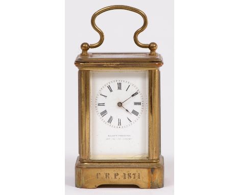 A French miniature brass carriage timepiece, mignonette, Klaftenberger 157 Regent St, c1870, with silvered platform escapemen