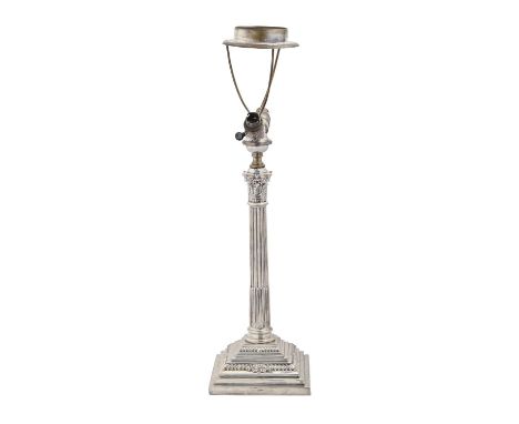 A Victorian silver column lamp, on stepped gadrooned foot,&nbsp; drilled for electricity, 42cm h excluding fitment, by James 