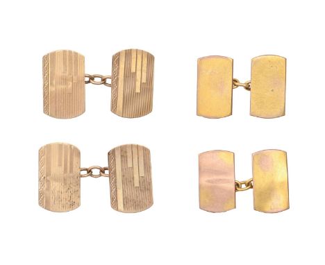 Two pairs of gold cufflinks, plain or engine turned, 16 and 17mm, marked 9ct, 7.2g  No initials, light wear and the odd minor