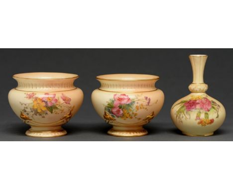 Two Royal Worcester fern pots and a vase, 1905, 1906 and 1910, printed and painted with flowers on a shaded apricot ground, v