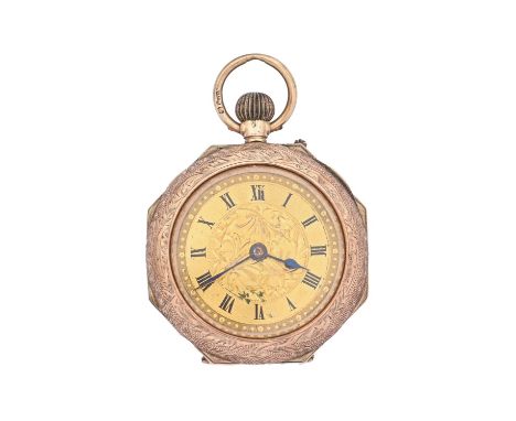 A 9ct gold and enamel keyless cylinder lady's watch, with engraved dial, 29 x 29mm, import marked London 1909, 20.5g  Movemen