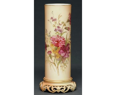 A Royal Worcester cylindrical vase, 1912, printed and painted with flowers on a shaded apricot ground, 27cm h, puce printed m