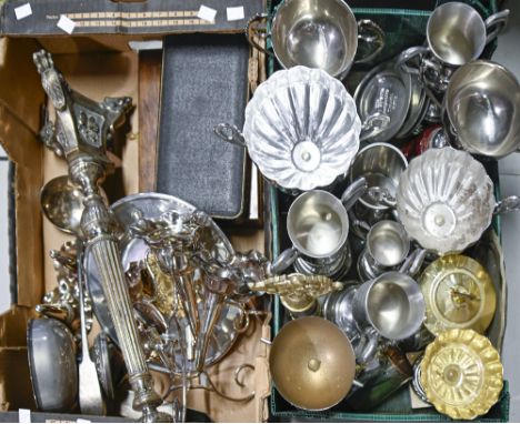 A Renaissance Revival EPNS altar candlestick, 19th c,&nbsp;tripod base, 54cm h, further plated ware, miscellaneous trophies, 