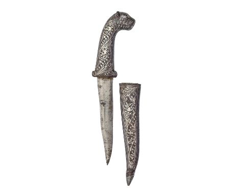 An Indian damascened dagger and sheath, Khanjar, 19th c, with tiger's head pommel, 15.5cm overall  Some slight rust on blade 