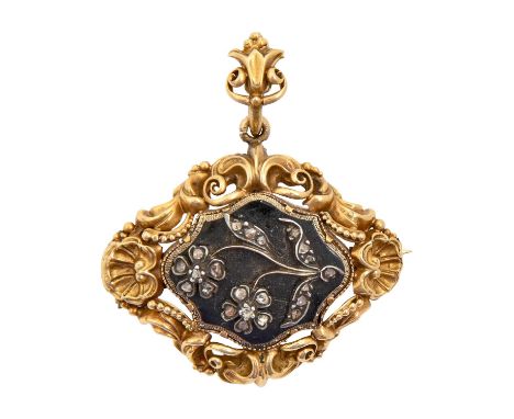 A Victorian diamond and gold and black enamel mourning brooch-pendant, the reverse inset hair and engraved Grace W Whitchurch