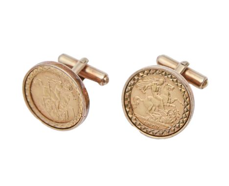 Gold coins. Half sovereign 1907 and 1911, mounted in 9ct gold cufflinks, 17.8g  Light wear