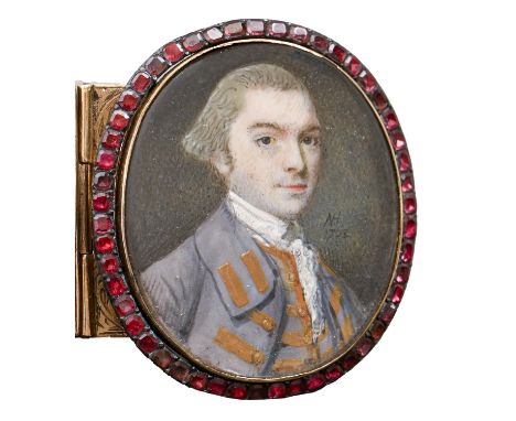 Nathaniel Hone RA (1718-1784) - Portrait Miniature of a Young Man, in a lavender coat with gold facings, white stock, his lig