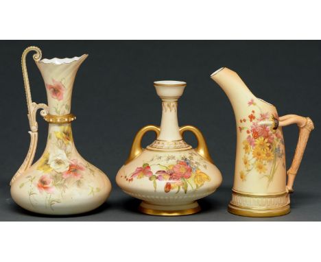 A Grainger's Worcester ewer and a Royal Worcester vase and tusk shaped jug, 1897, 1898 and 1902, painted or printed and paint