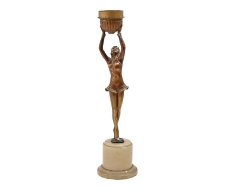 An Art Deco bronzed spelter figural lamp, c1930, on turned alabaster pedestal, 49.5m h  Good original condition, the alabaste