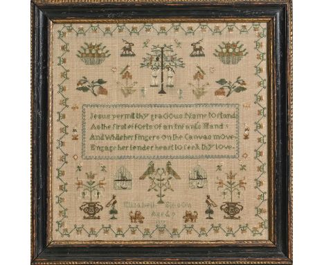 A George III linen sampler, Elizabeth Blason aged 9 1817, worked with Adam and Eve, deer, birds in cages or trees, fruit and 