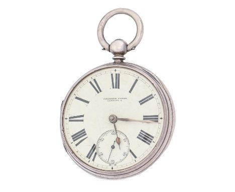 An English silver fusee lever watch, Griffiths Jones Caernarvon, 54mm diam, London 1877  Movement running when wound, dial un