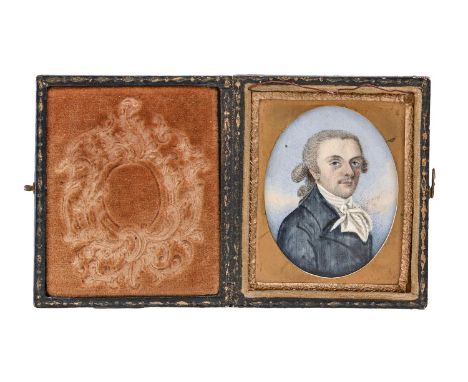 English School, late 18th c - Portrait Miniature of a Gentleman, with blue eyes, powdered wig en queue, white stock and blue 
