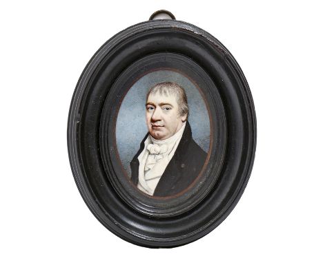 English School, 19th c - Portrait Miniature of a Man, in white stock and dark grey coat with velvet collar, ivory, oval, 69mm