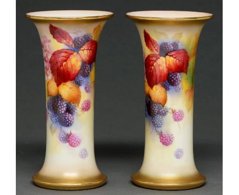 A pair of Royal Worcester spill vases, 1938, painted by K Blake, both signed, with blackberries and blossom, 22cm h, puce pri