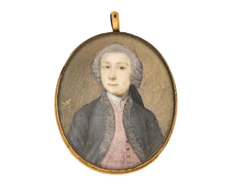 Andrew Benjamin Lens (circa 1713-circa 1779) - Portrait Miniature of a Gentleman,&nbsp;his powdered hair bag wig,&nbsp; with 